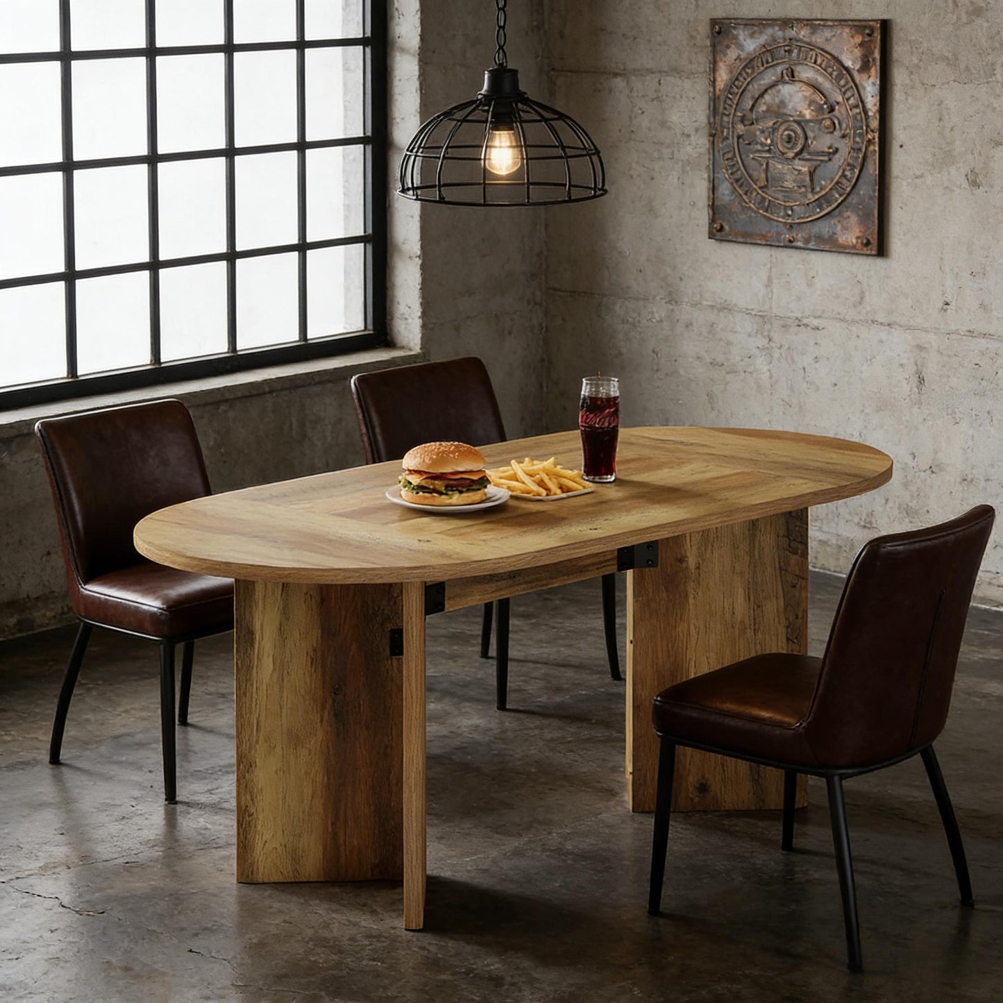 Oval Farmhouse Dining Table for 4-6 – 63" MDF Top, Metal Base | Brown