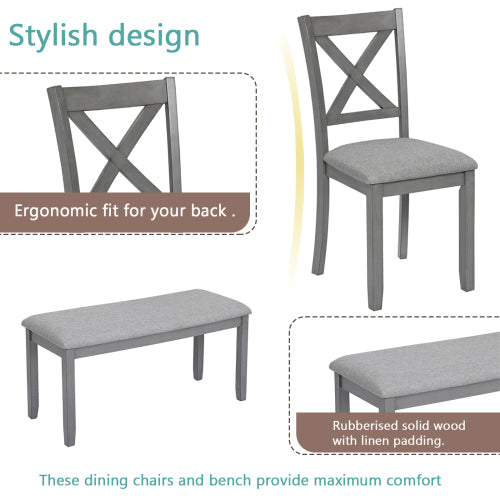 6-Piece Kitchen Dining Set – Rectangular Wooden Table with 4 Upholstered Chairs & Bench, Gray
