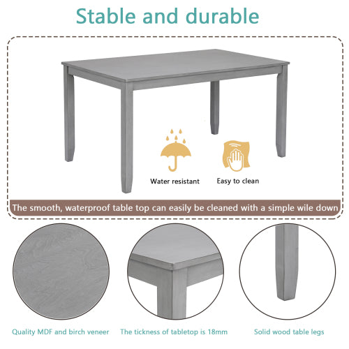6-Piece Kitchen Dining Set – Rectangular Wooden Table with 4 Upholstered Chairs & Bench, Gray