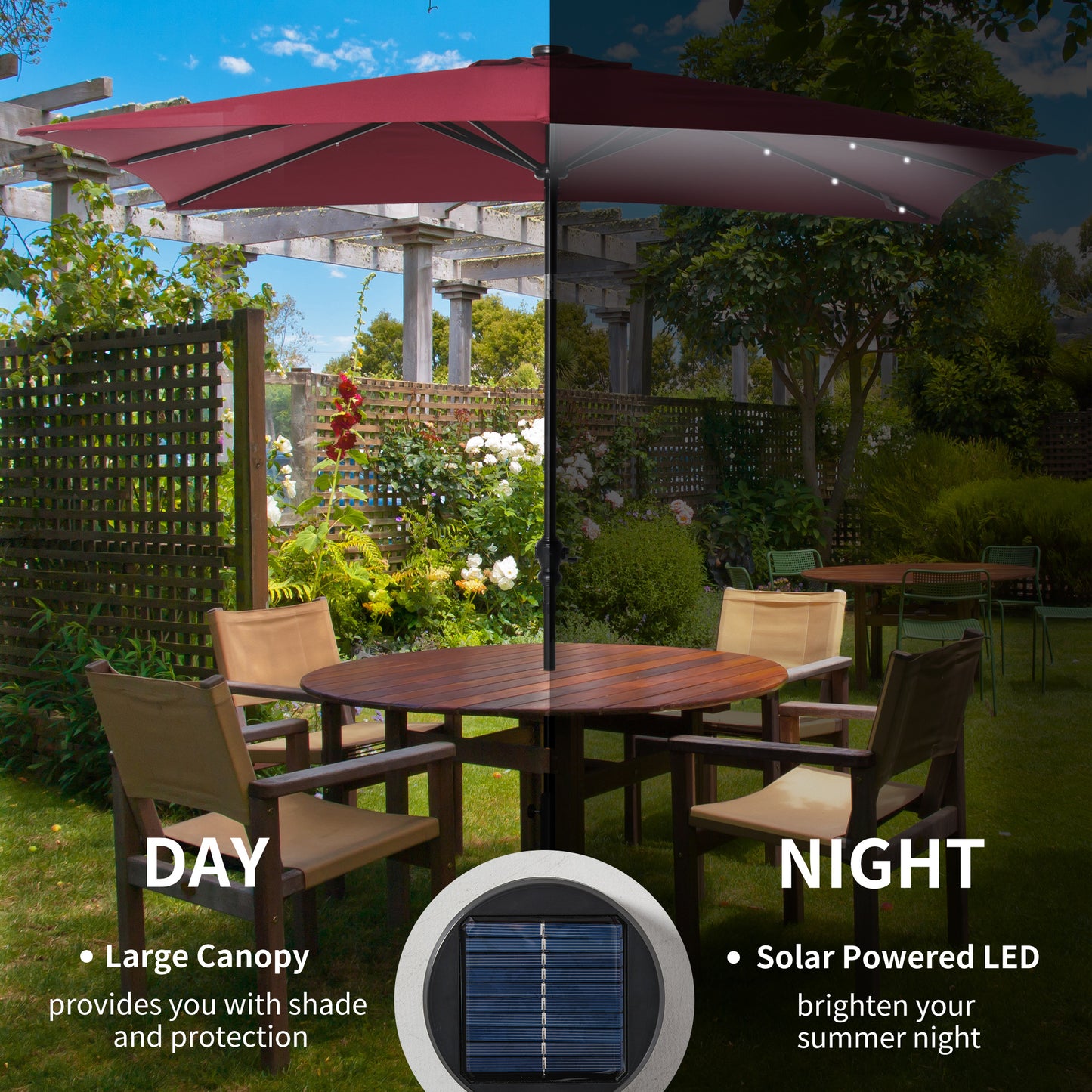 9ft Solar LED Patio Umbrella – Outdoor Market Shade with Crank & Built-In Lights | Red