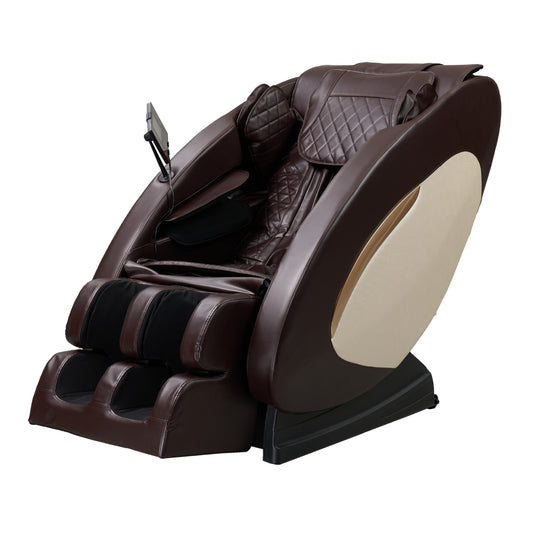 Brown leather luxury massage chair with cream accent panel and black base, featuring quilted seat design and adjustable controls.