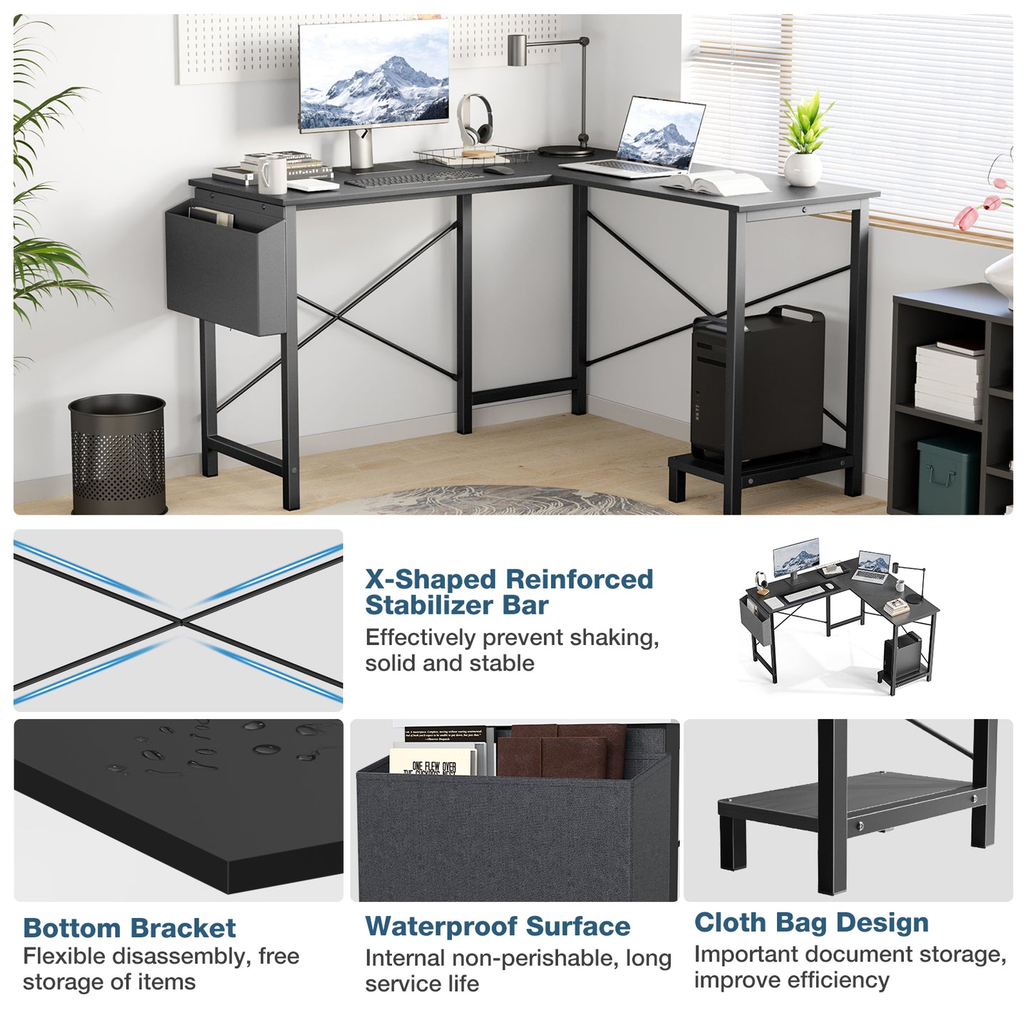 L-shape desk dual monitor setup - gaming and home office workstation