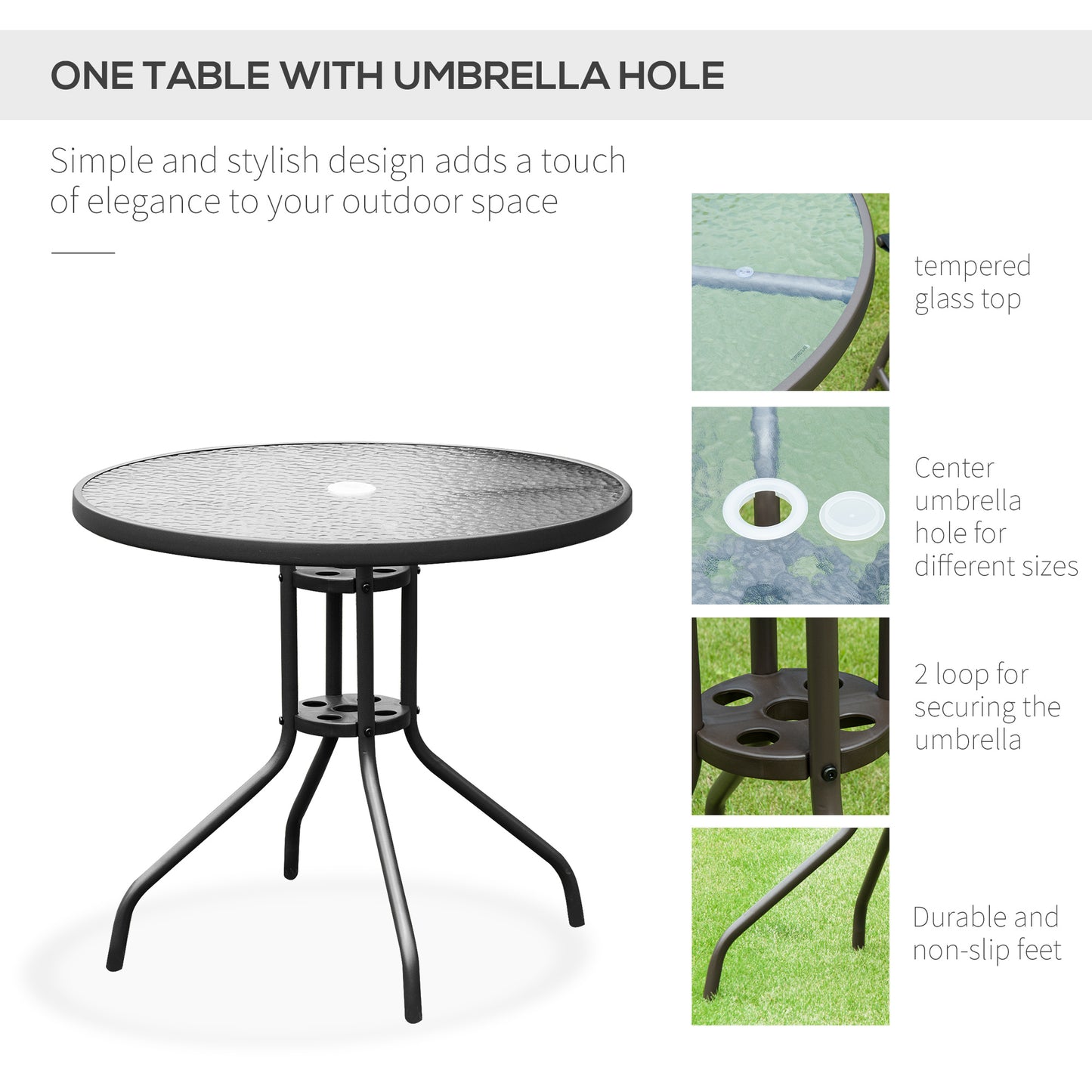 Outdoor Patio Dining Set for 4 – Round Glass Table, 4 Folding Chairs & Umbrella | Black
