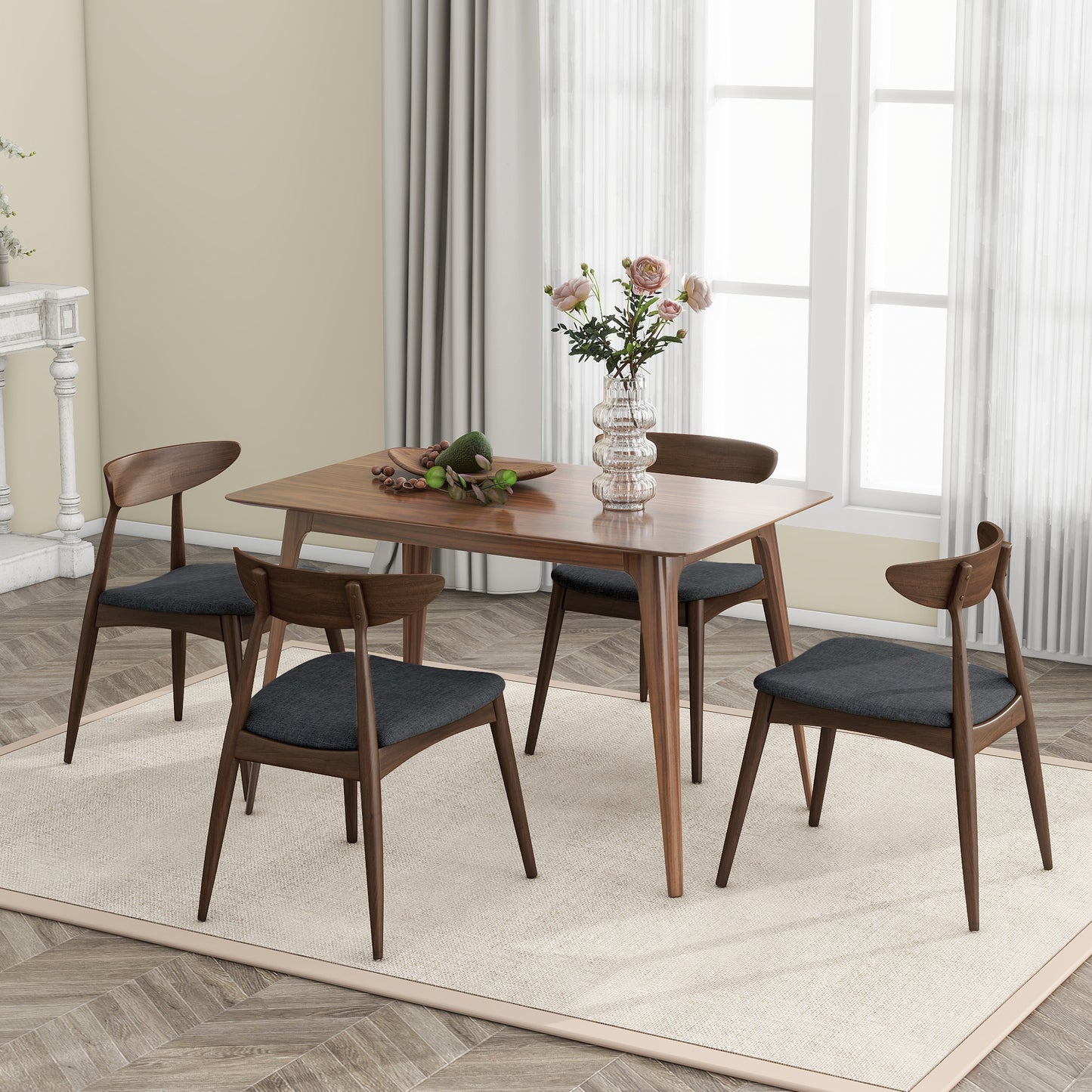 5-Piece Dining Table Set – Rubberwood Frame, Cushioned Chairs, Walnut & Charcoal