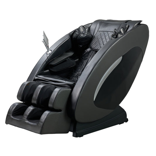 Black leather massage chair with gray accents, padded armrests, leg rest extension, and reclined backrest position.