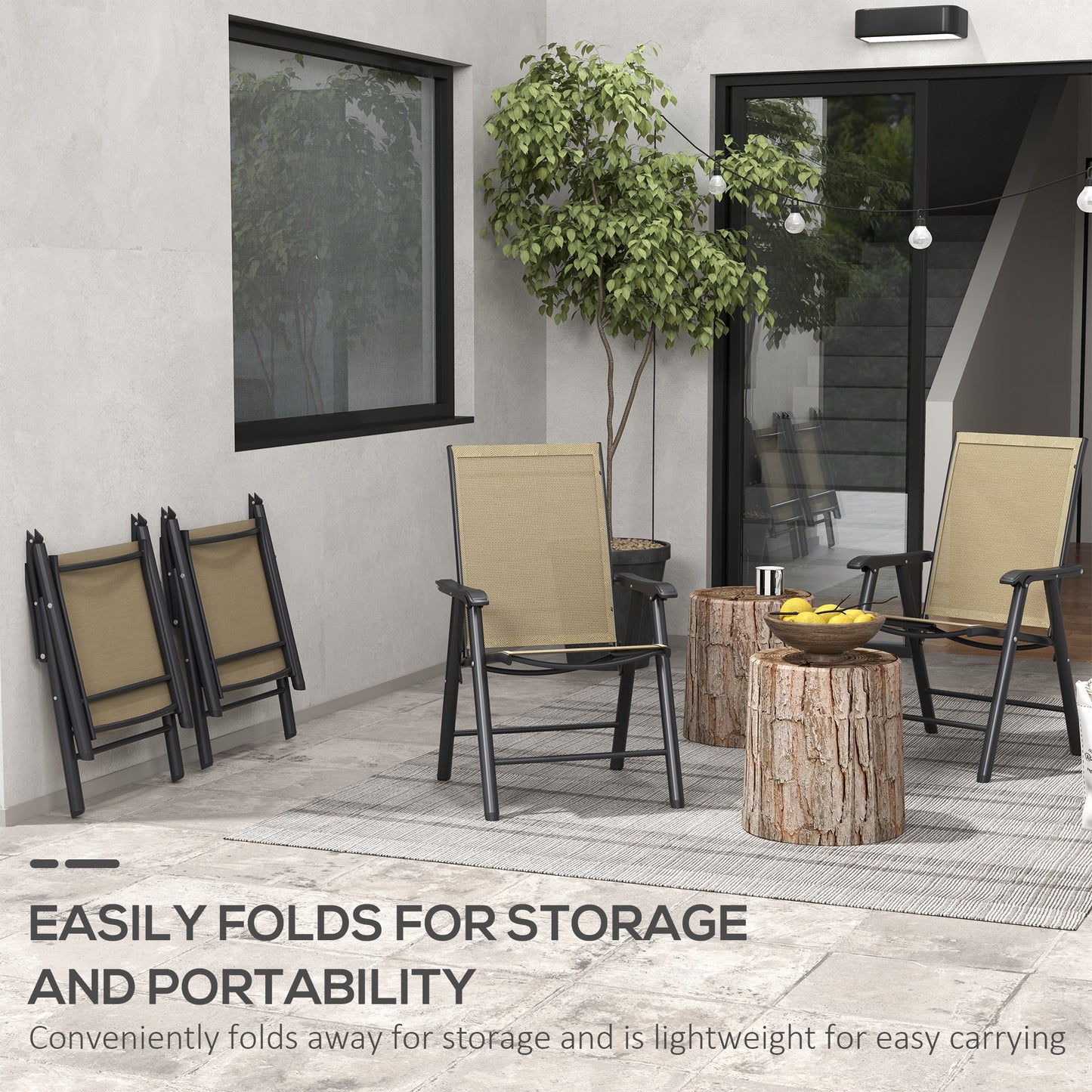 Set of 4 Outdoor Folding Chairs with Armrests – Light Mixed Brown