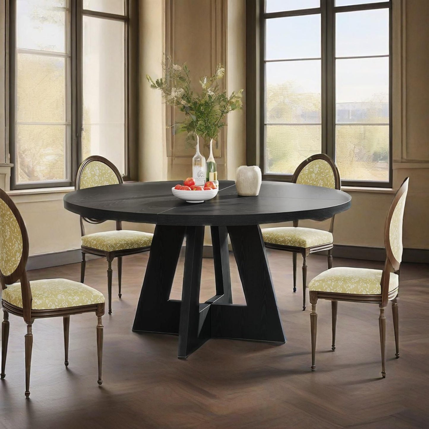 Round Dining Table 47" – Seats 4-6 | MDF Tabletop, Pedestal Base, Walnut Finish | Black