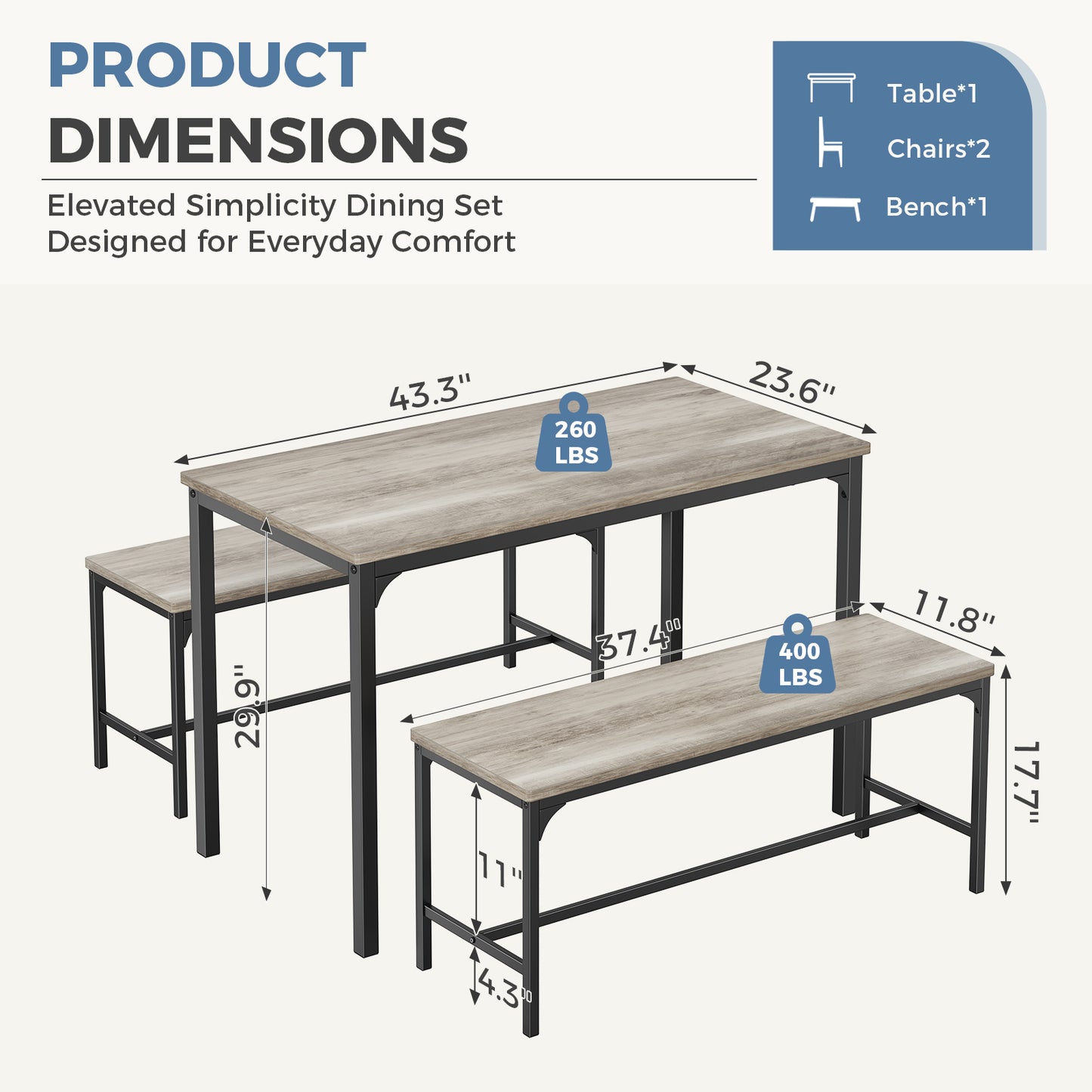 Dining Table Set for 4 – Solid Wood Table with Benches | Easy Assembly