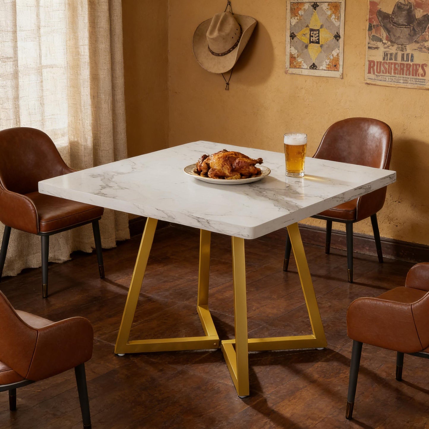 Square Industrial Dining Table for 2-4 – 31" Vintage Wood Top & Metal Frame | Gold White
