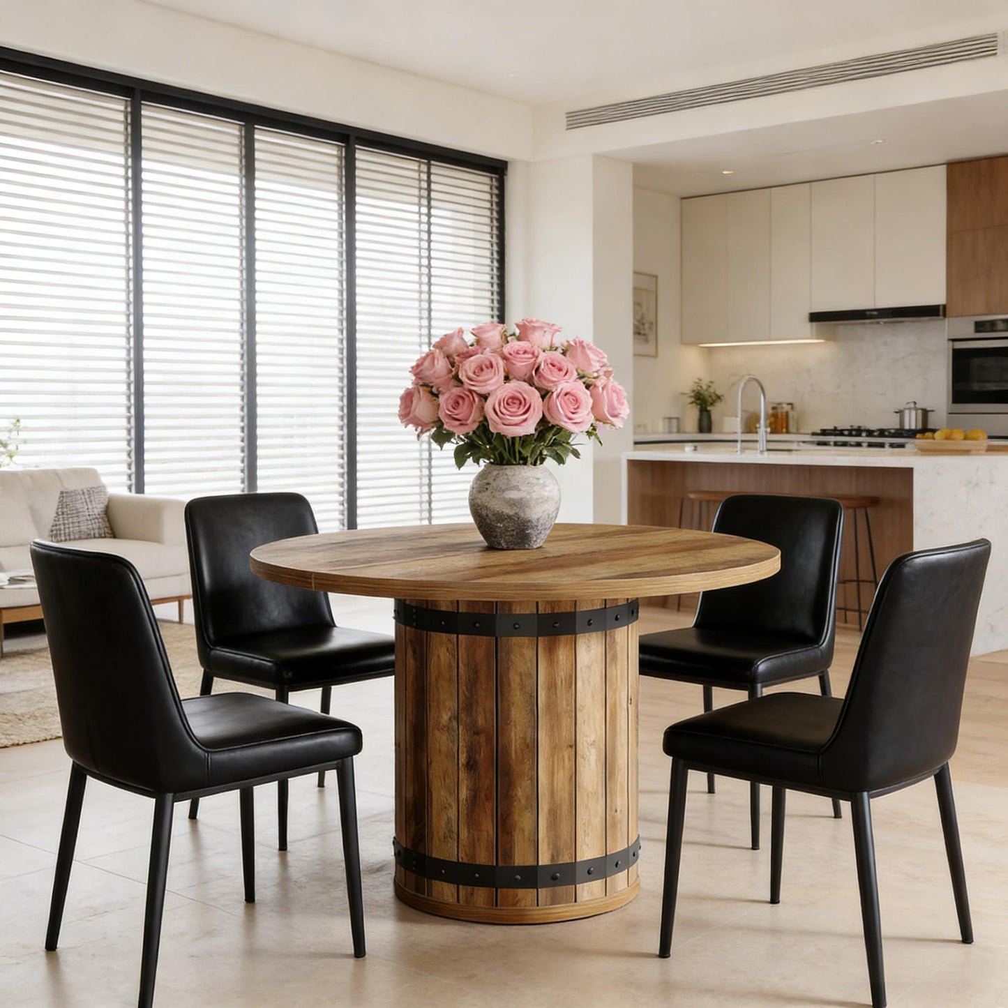 Round Farmhouse Dining Table for 4 – 39" MDF Top, Fence Pedestal Base | Brown