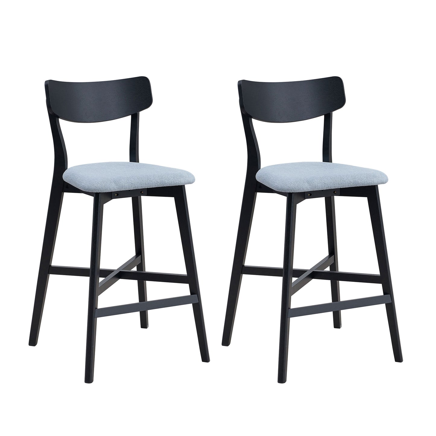 Wooden Bar Chairs Set of 2 – Upholstered Counter Height Stools with Backrest & Footrest, Black
