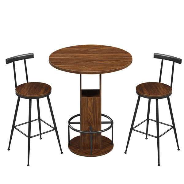 3-Piece Bar Table and Stool Set – 31.5" Round Bar Table with 2 Stools, Metal Ring Footrest, Walnut