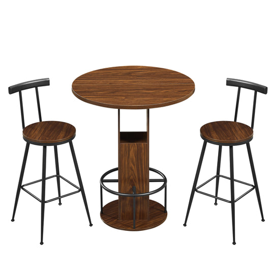 3-Piece Bar Table and Stool Set – 31.5" Round Bar Table with 2 Stools, Metal Ring Footrest, Walnut