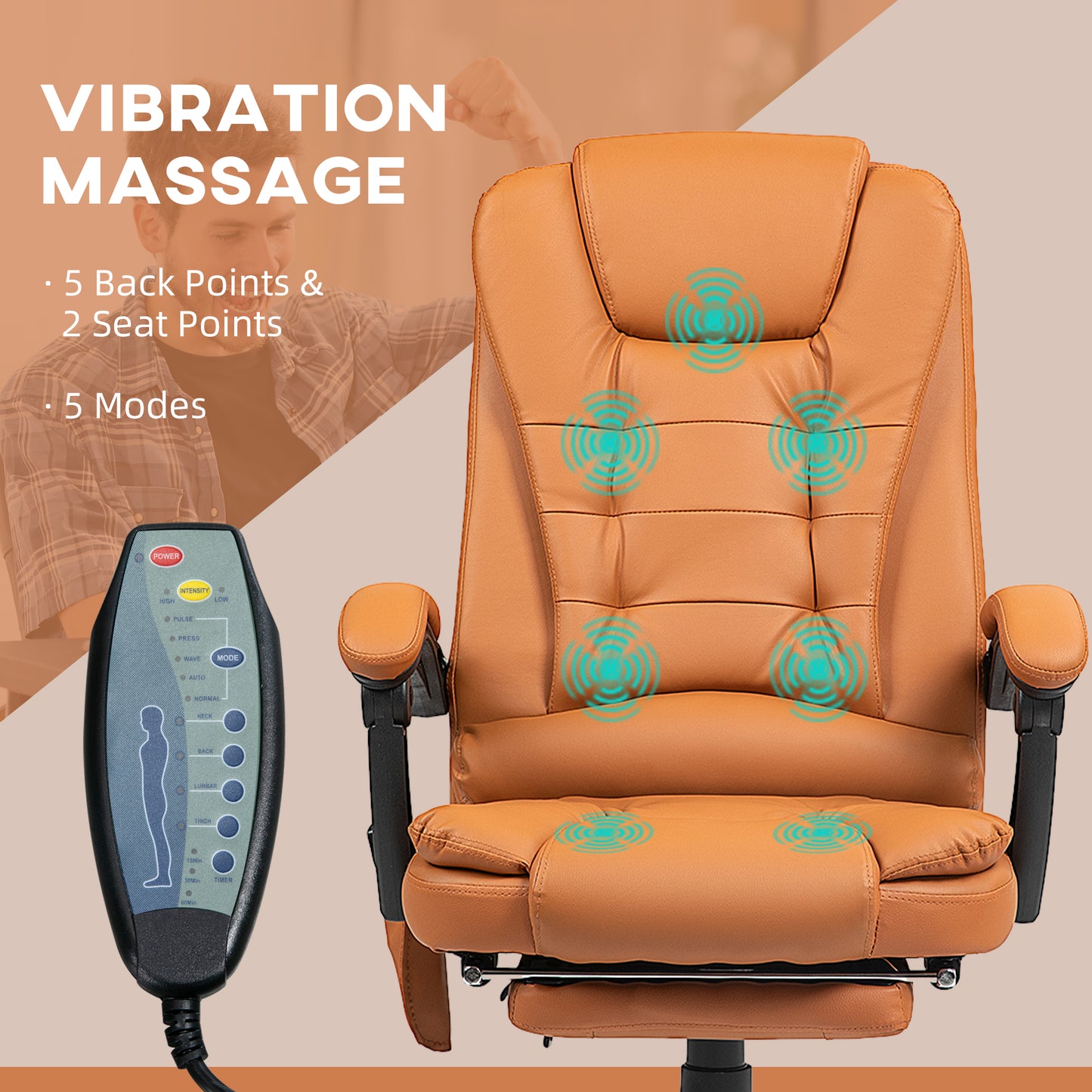 Massage Office Chair – 7-Point Vibration, 155° Recline, Lumbar Support & Footrest | Light Brown