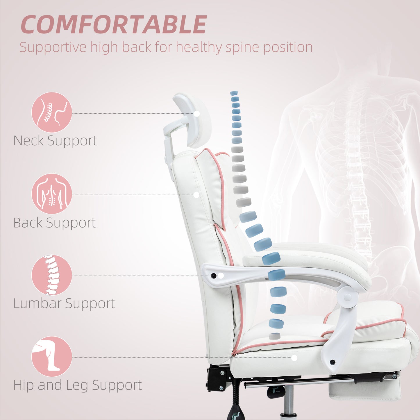 Executive Office Chair – PU Leather, Adjustable Headrest, 135° Recline & Footrest | White