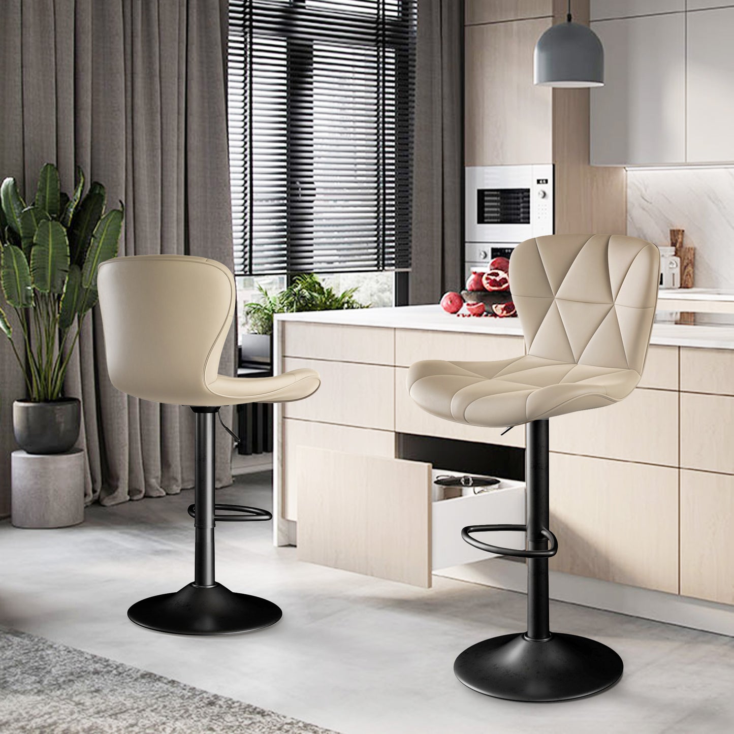 Modern Bar Stools Set of 2 – Adjustable Swivel Faux Leather Counter Height Stools with Back, Black