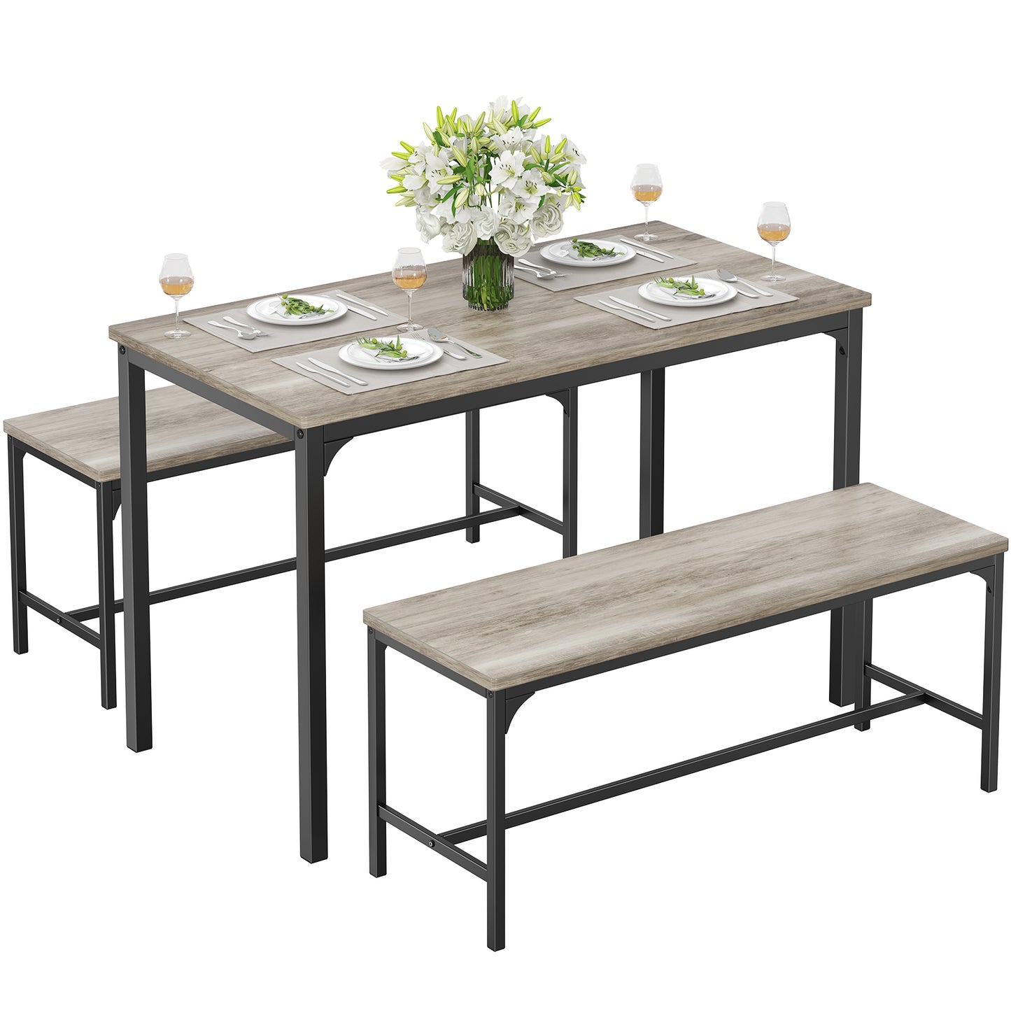 Dining Table Set for 4 – Solid Wood Table with Benches | Easy Assembly