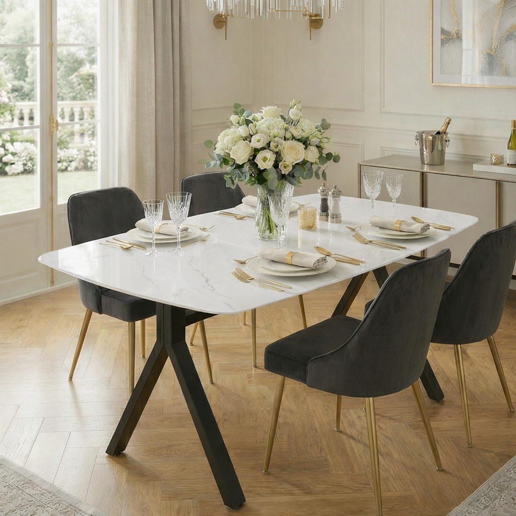 Rectangular Dining Table – Tempered Glass Top & Black Metal Legs