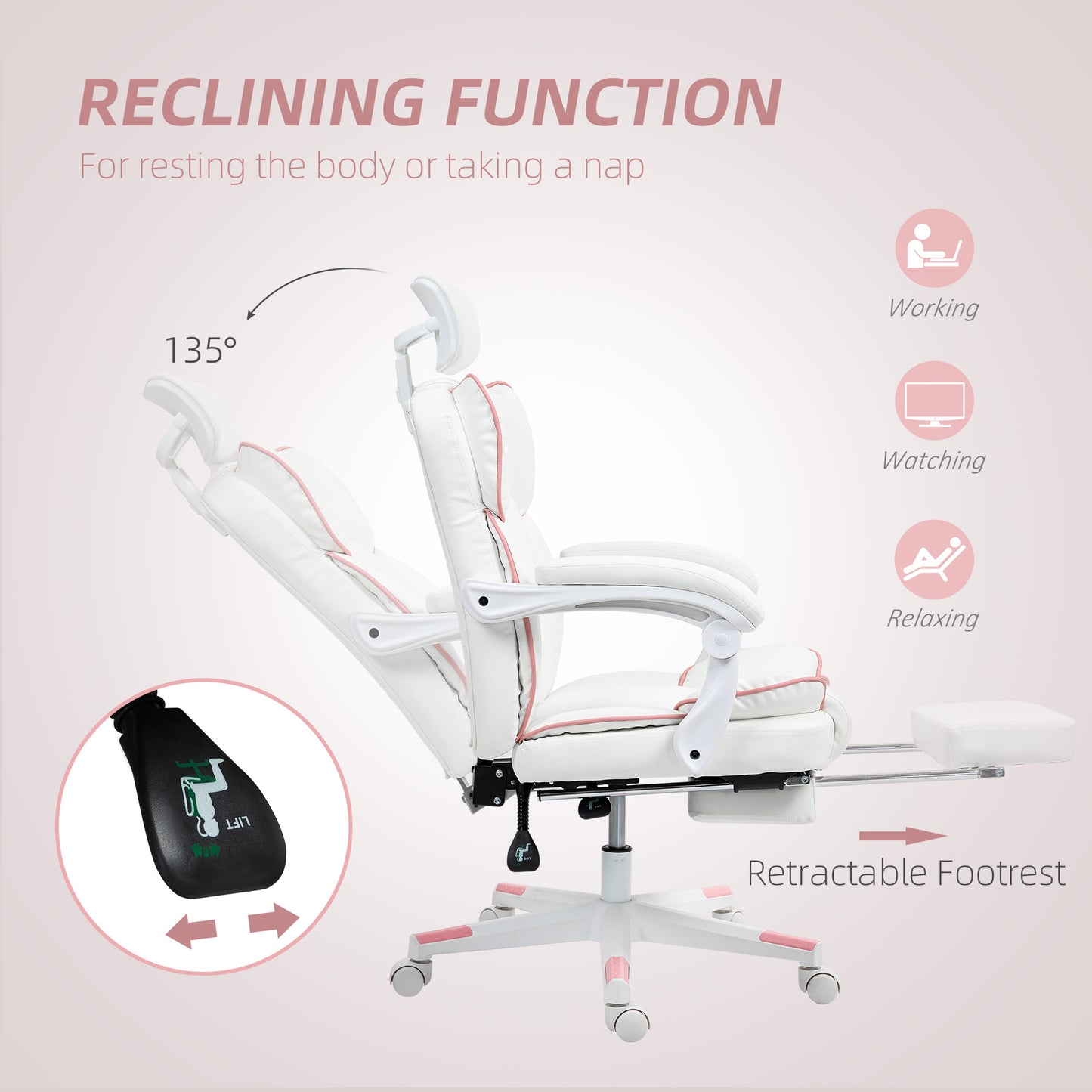 Executive Office Chair – PU Leather, Adjustable Headrest, 135° Recline & Footrest | White