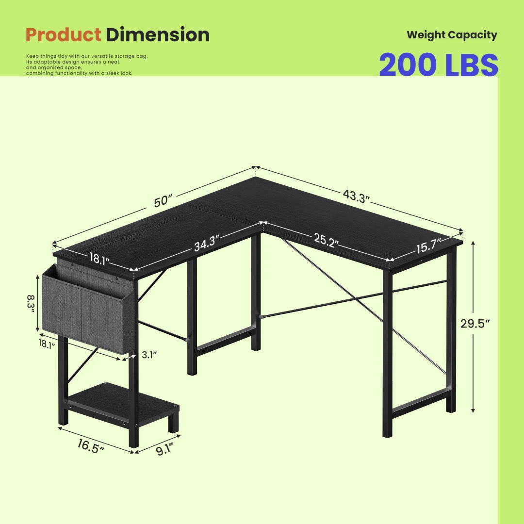 ProSpace L-Desk 49" - L-Shaped Corner Desk for Gaming & Home Office with Storage