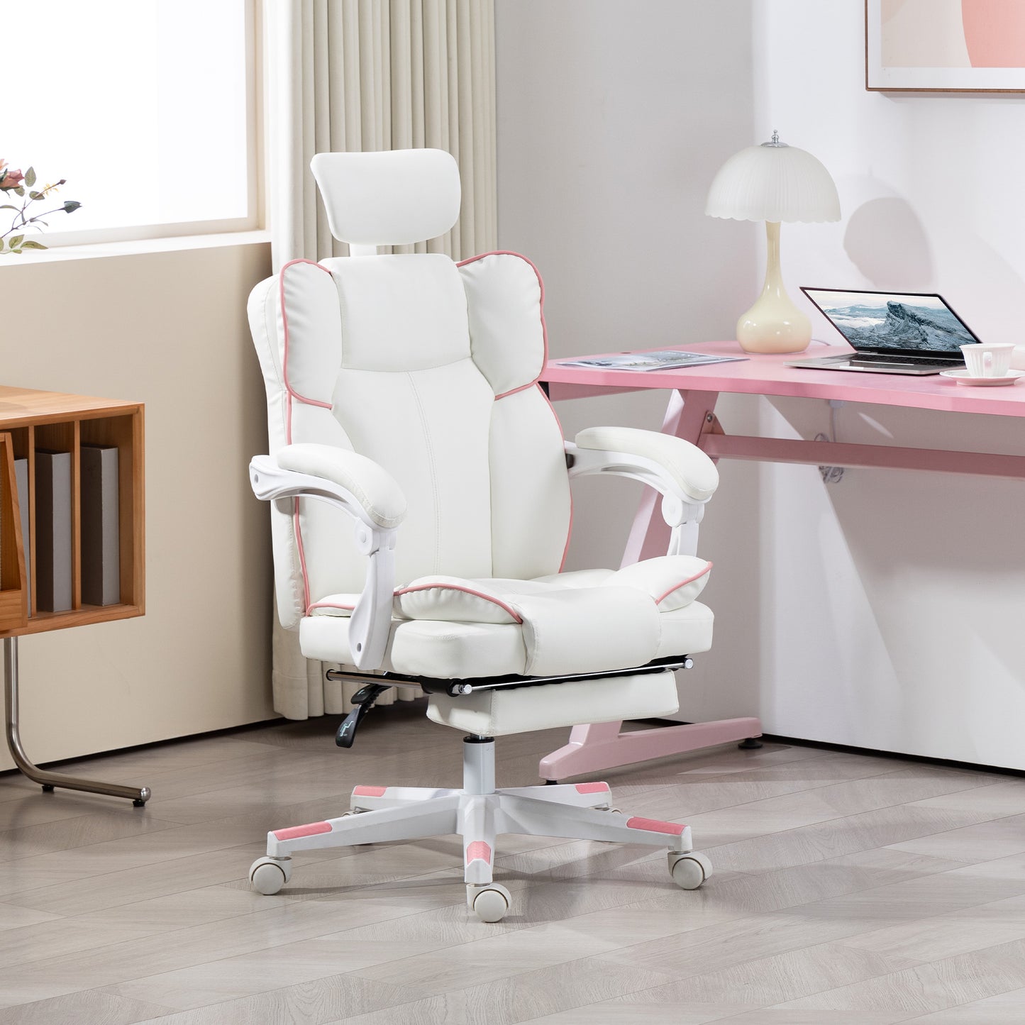 Executive Office Chair – PU Leather, Adjustable Headrest, 135° Recline & Footrest | White