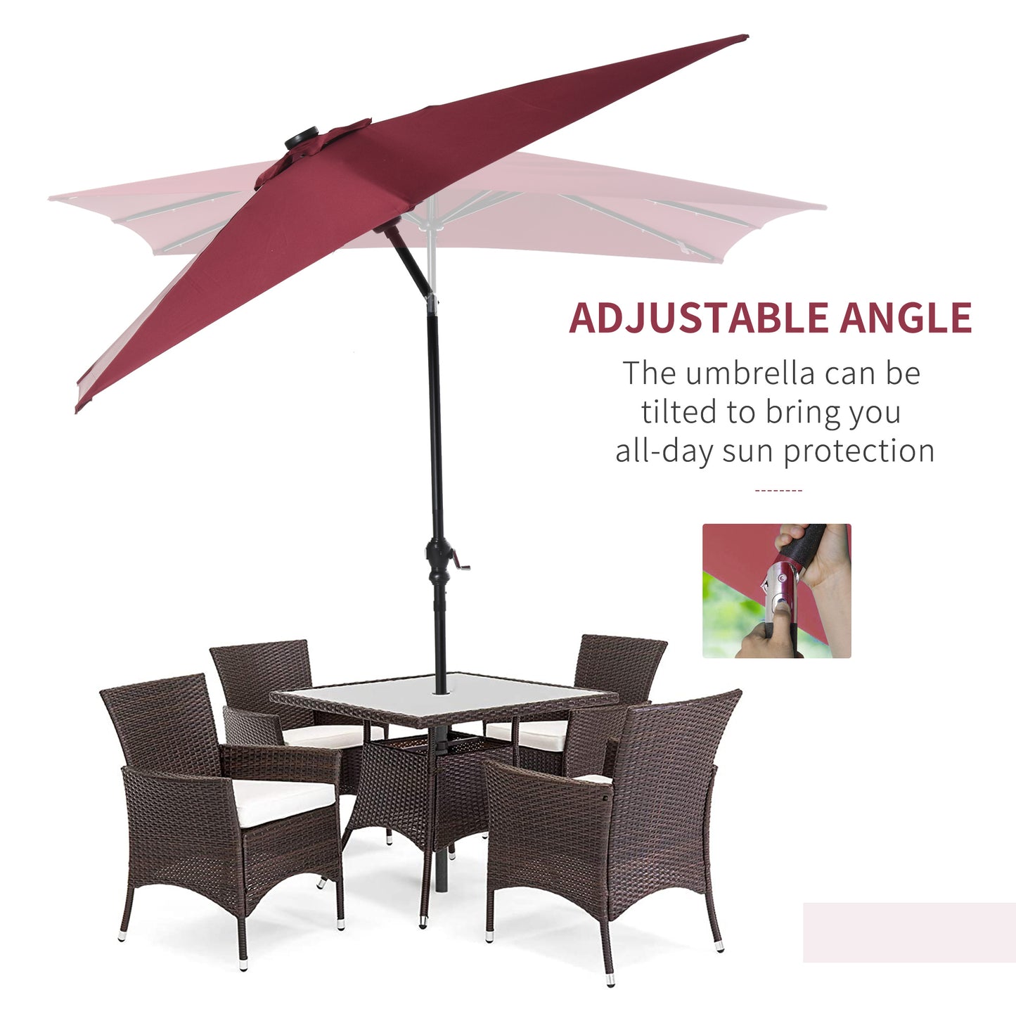9ft Solar LED Patio Umbrella – Outdoor Market Shade with Crank & Built-In Lights | Red