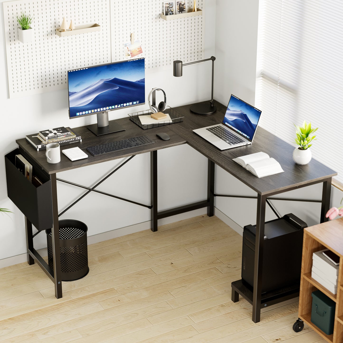 Black L-shape desk in modern home office room - 49 inch corner workstation