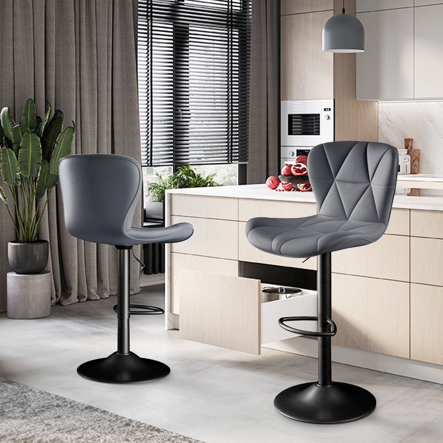 Modern Bar Stools Set of 2 – Adjustable Swivel Faux Leather Counter Height Stools with Back, Black