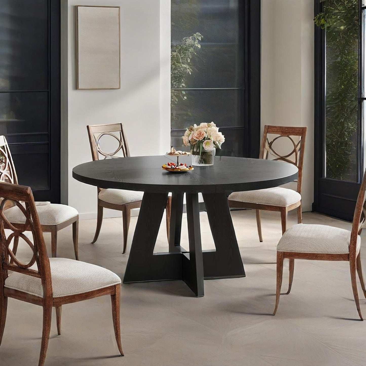 Round Dining Table 47" – Seats 4-6 | MDF Tabletop, Pedestal Base, Walnut Finish | Black
