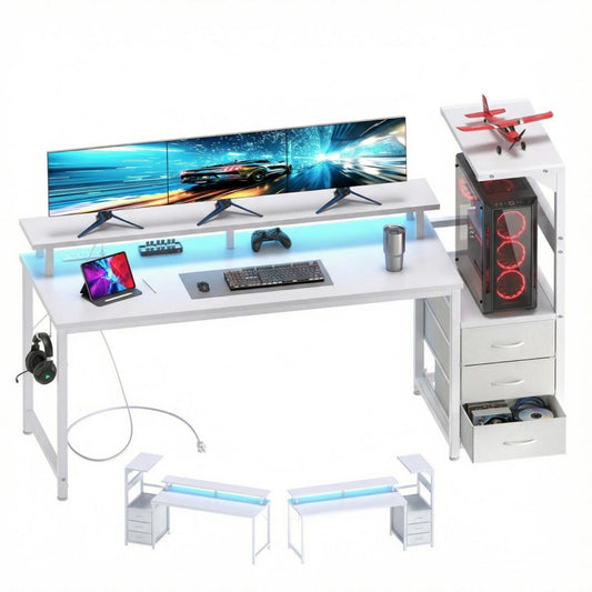 White gaming desk with triple monitor setup, LED lighting, storage cabinet, and gaming PC tower with red accents
