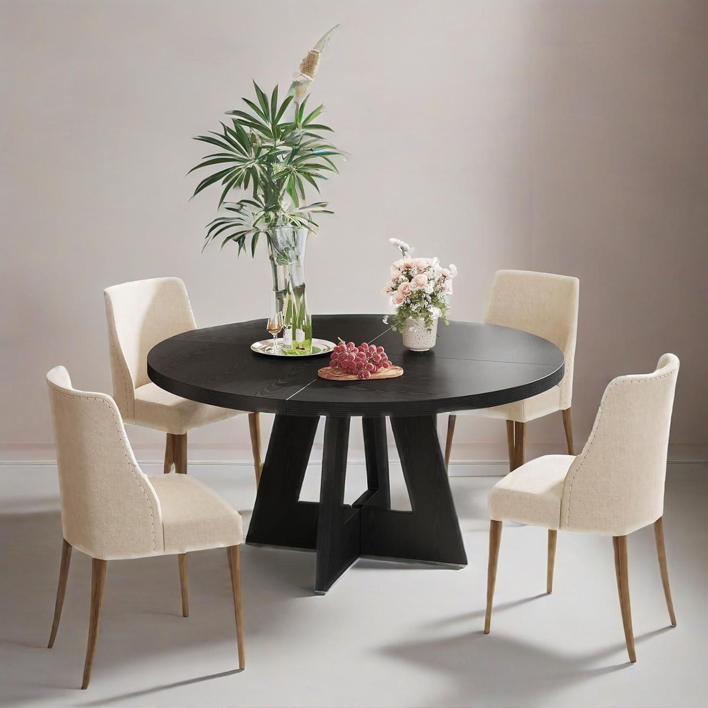 Round Dining Table 47" – Seats 4-6 | MDF Tabletop, Pedestal Base, Walnut Finish | Black
