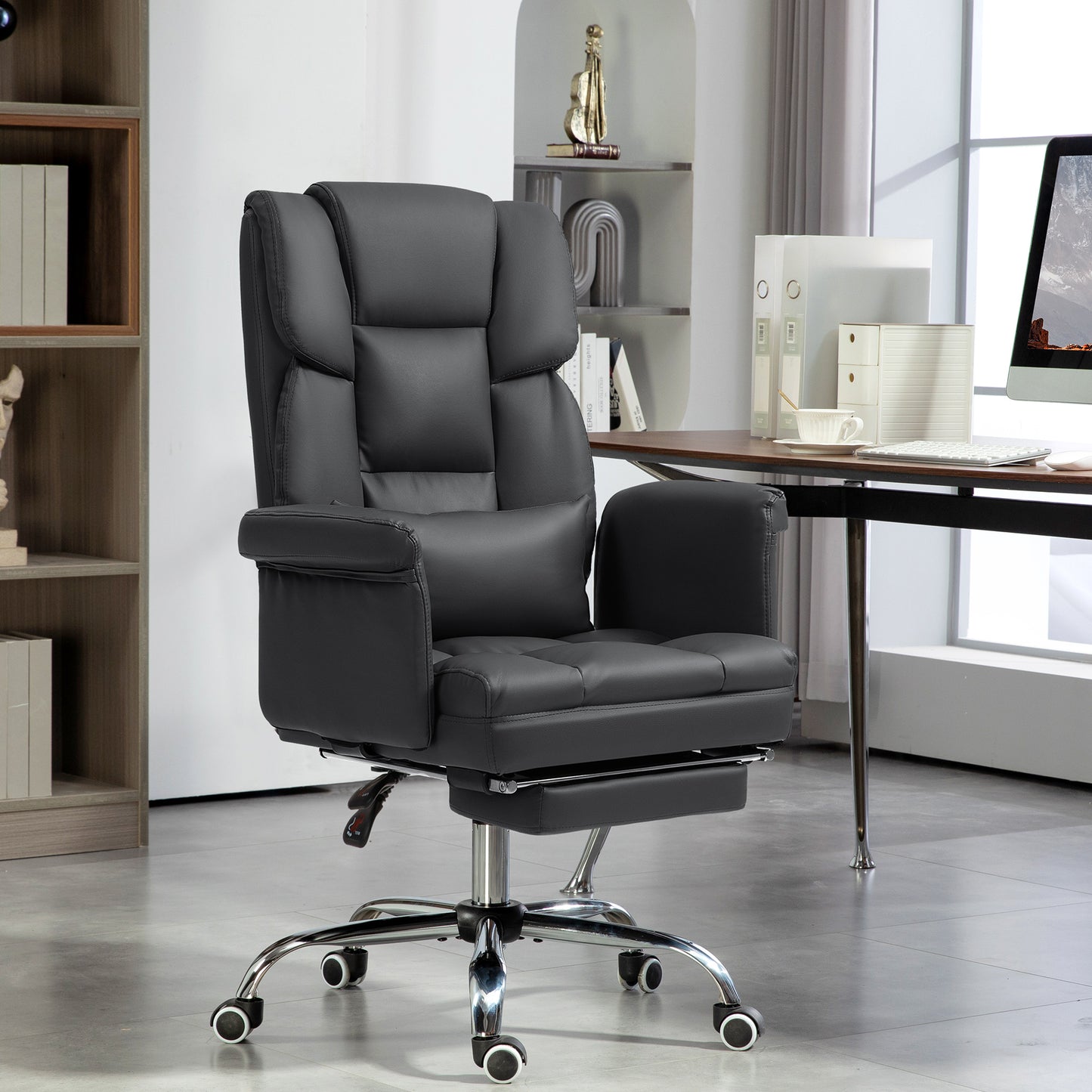 Executive Office Chair with Footrest – PU Leather, Reclining & Lumbar Support, Black