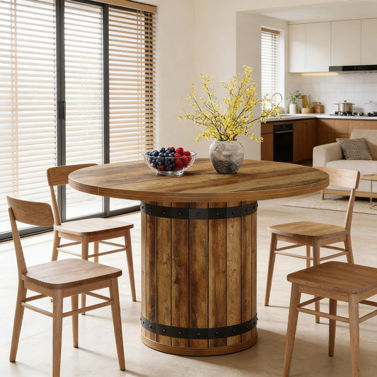 Round Farmhouse Dining Table for 4 – 39" MDF Top, Fence Pedestal Base | Brown