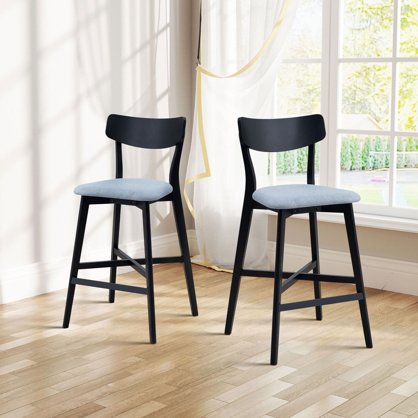 Wooden Bar Chairs Set of 2 – Upholstered Counter Height Stools with Backrest & Footrest, Black