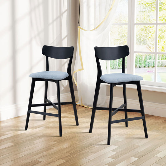 Wooden Bar Chairs Set of 2 – Upholstered Counter Height Stools with Backrest & Footrest, Black