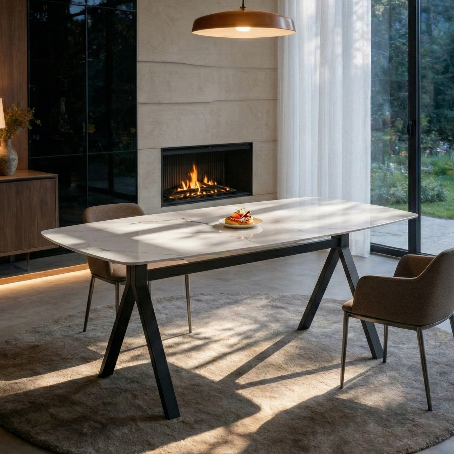 Rectangular Dining Table – Tempered Glass Top & Black Metal Legs
