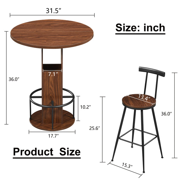 3-Piece Bar Table and Stool Set – 31.5" Round Bar Table with 2 Stools, Metal Ring Footrest, Walnut
