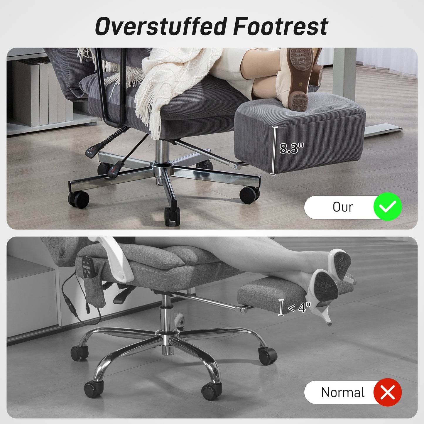 Executive Reclining Office Chair – High Back, Lumbar Support, Footrest & Corduroy Fabric | Gray