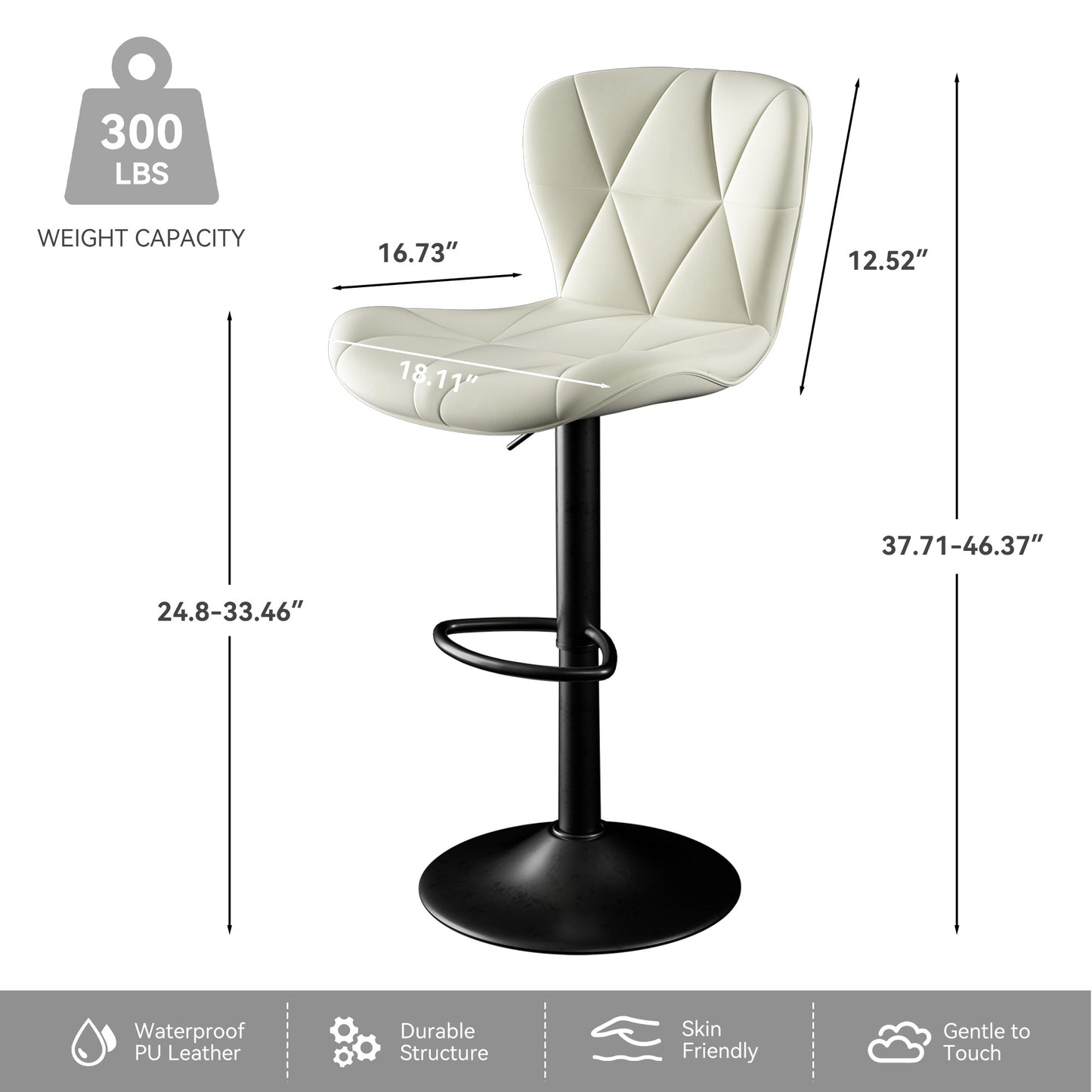 Modern Bar Stools Set of 2 – Adjustable Swivel Faux Leather Counter Height Stools with Back, Black
