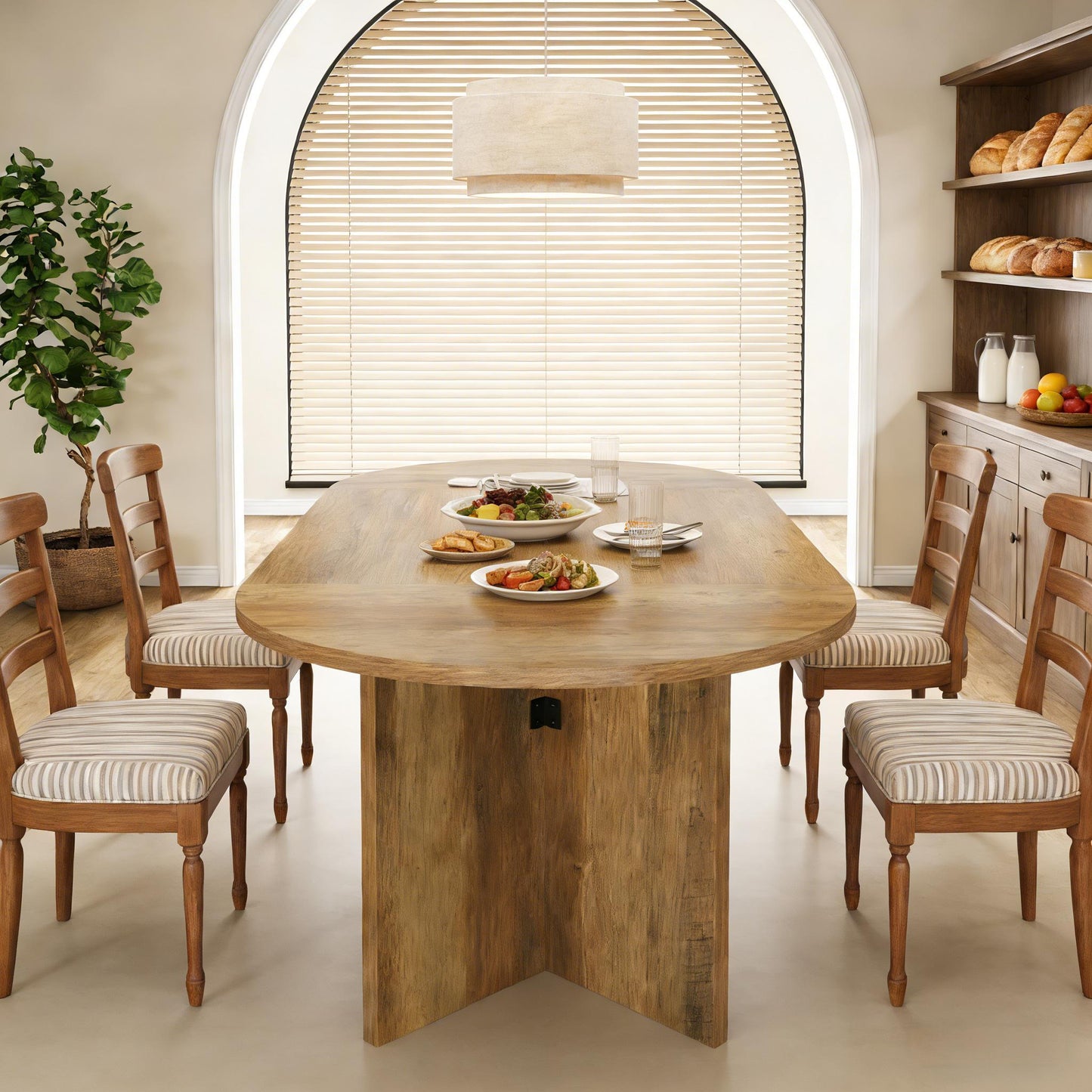 Oval Farmhouse Dining Table for 4-6 – 63" MDF Top, Metal Base | Brown