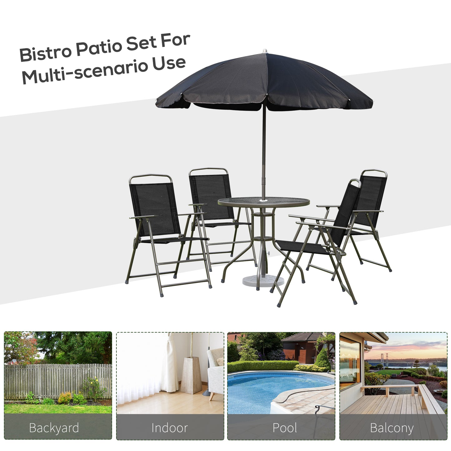 Outdoor Patio Dining Set for 4 – Round Glass Table, 4 Folding Chairs & Umbrella | Black