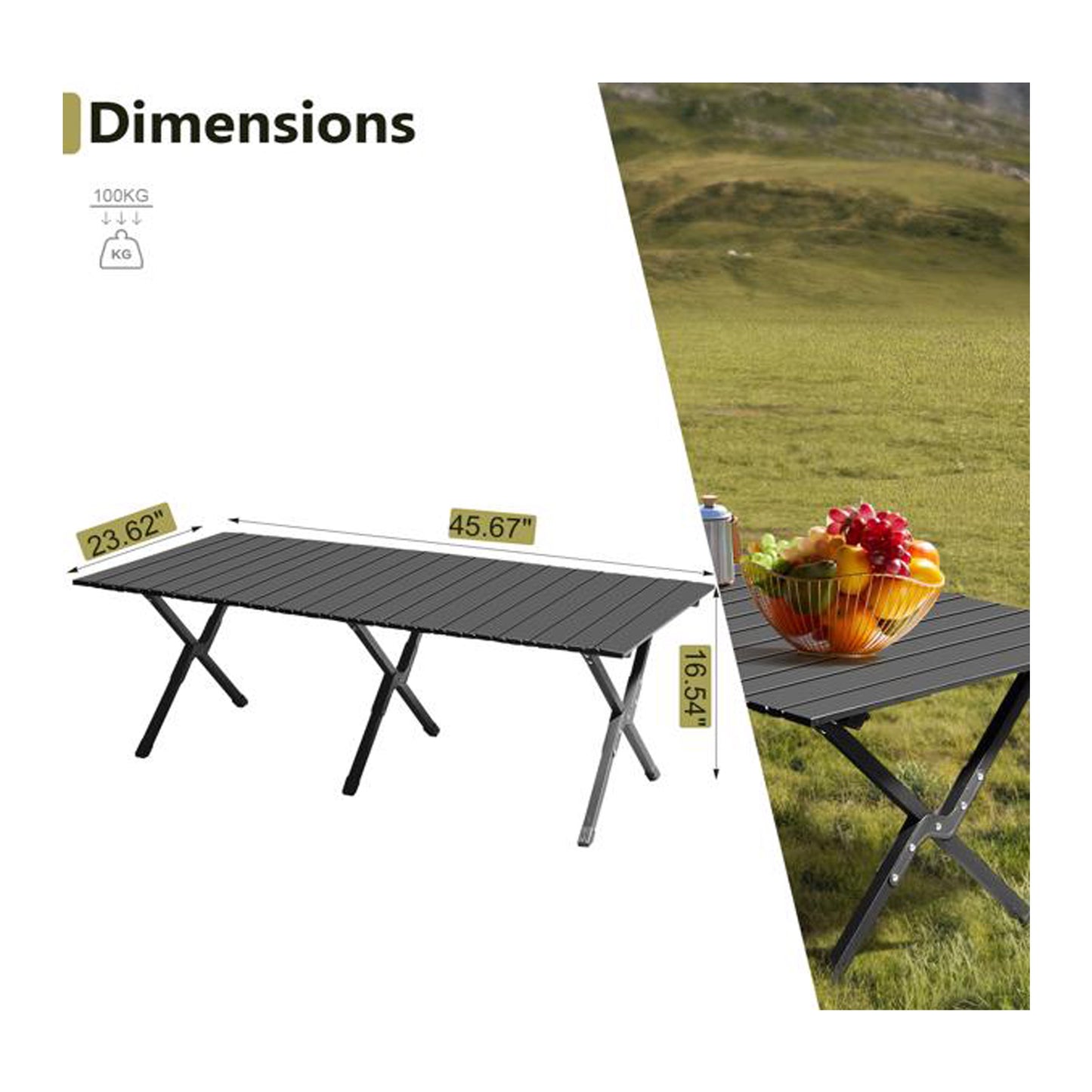Portable Folding Camping Table 46" – Carbon Steel, 220 lbs Capacity, Roll-Up Design | Black