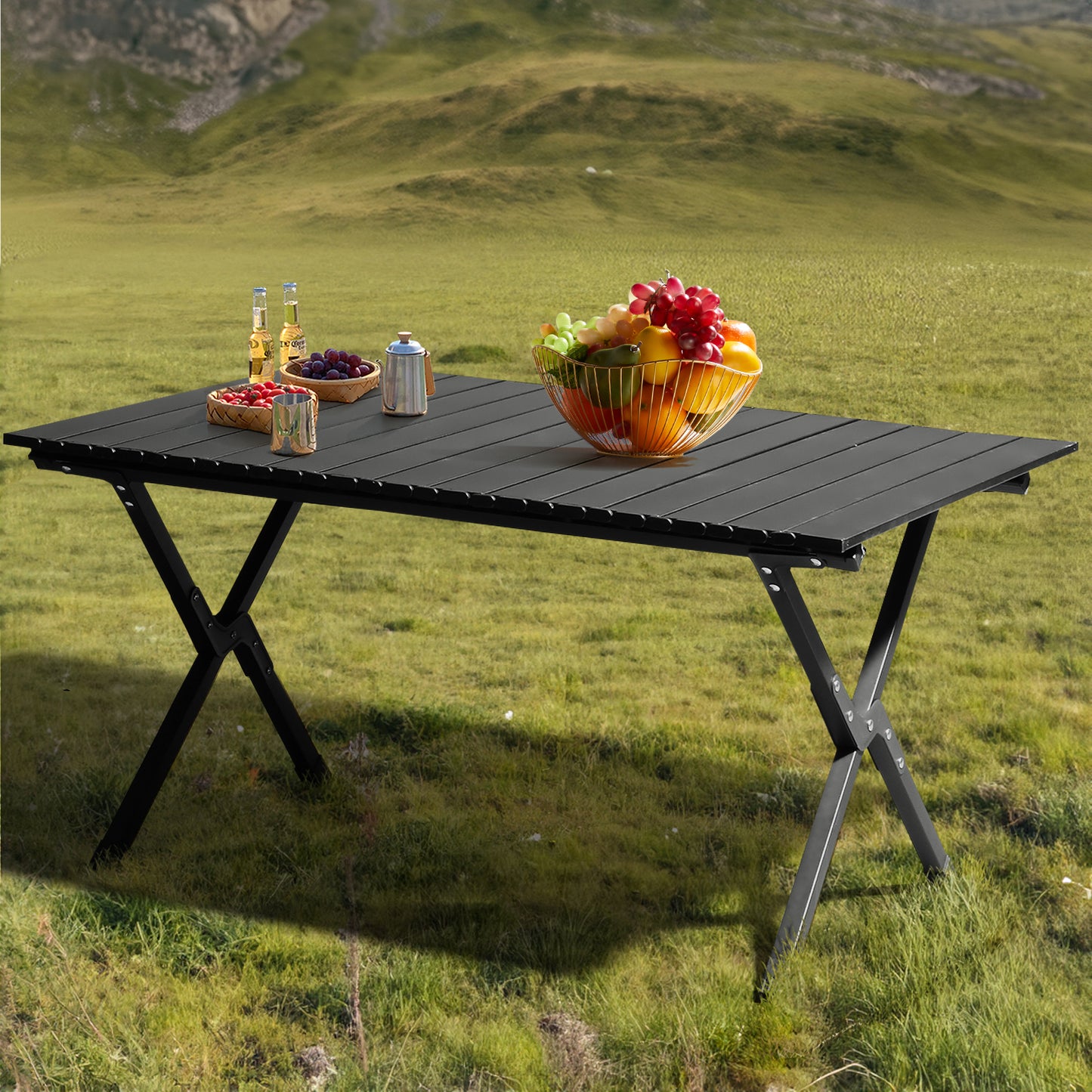 Portable Folding Camping Table 46" – Carbon Steel, 220 lbs Capacity, Roll-Up Design | Black