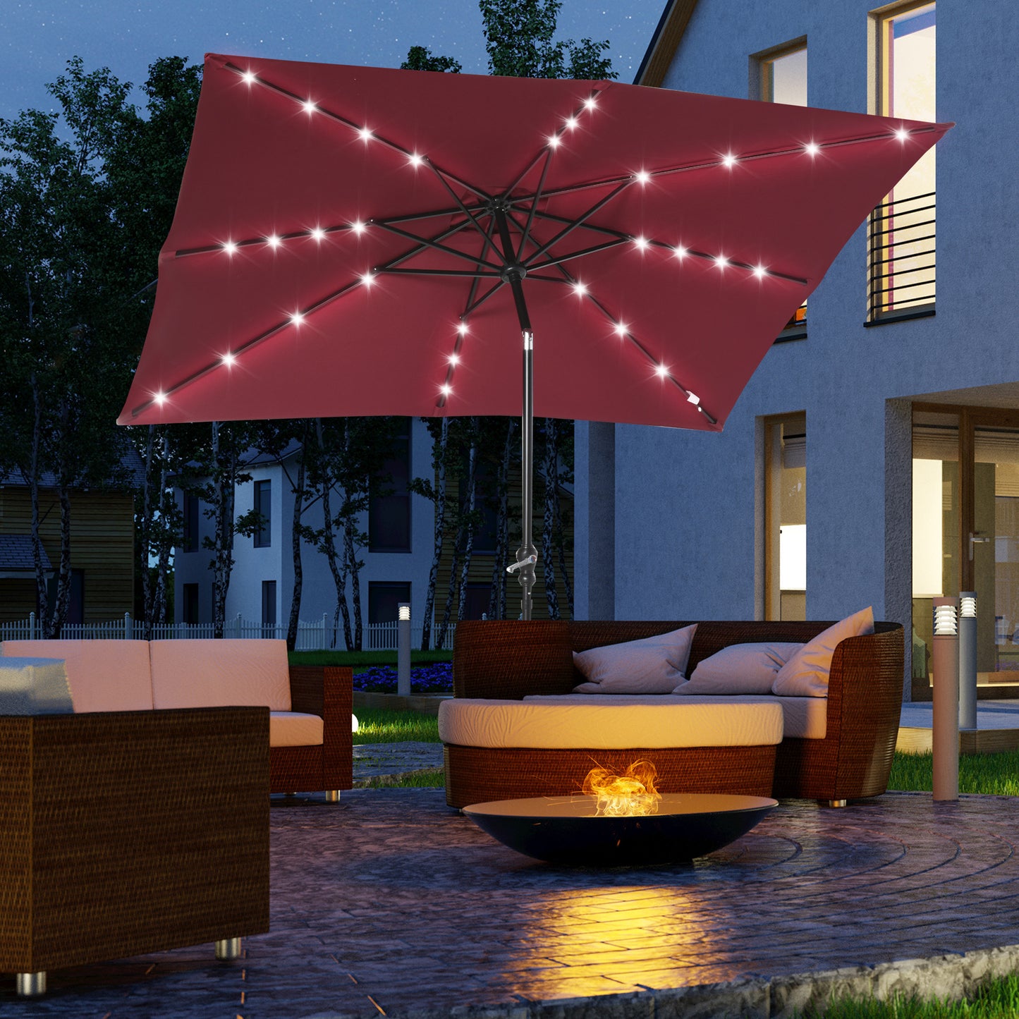 9ft Solar LED Patio Umbrella – Outdoor Market Shade with Crank & Built-In Lights | Red