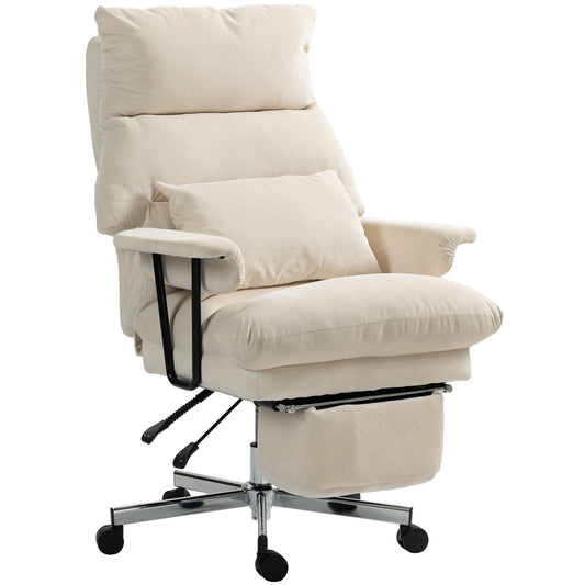 Executive Reclining Office Chair – High Back, Lumbar Support, Footrest & Corduroy Fabric | Cream White