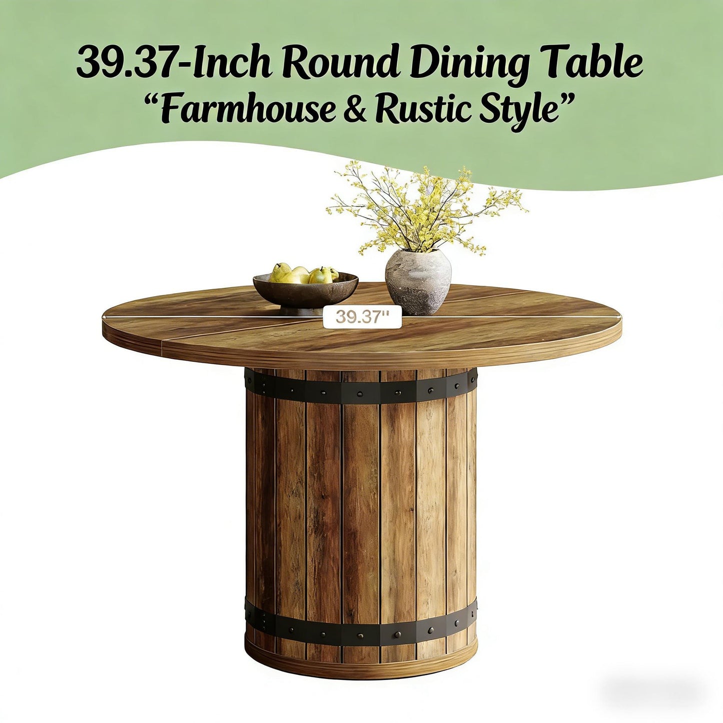 Round Farmhouse Dining Table for 4 – 39" MDF Top, Fence Pedestal Base | Brown