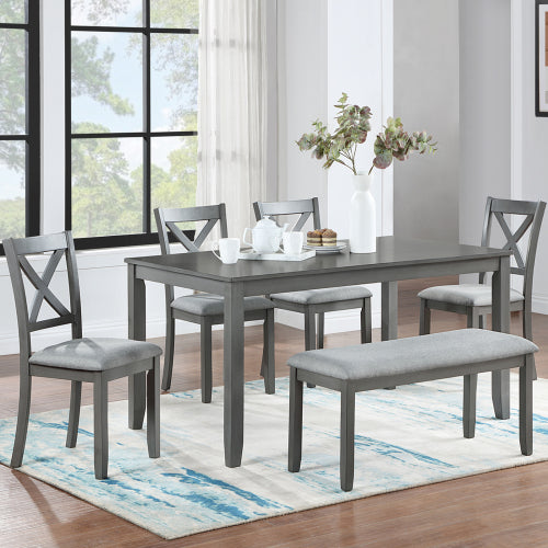6-Piece Kitchen Dining Set – Rectangular Wooden Table with 4 Upholstered Chairs & Bench, Gray