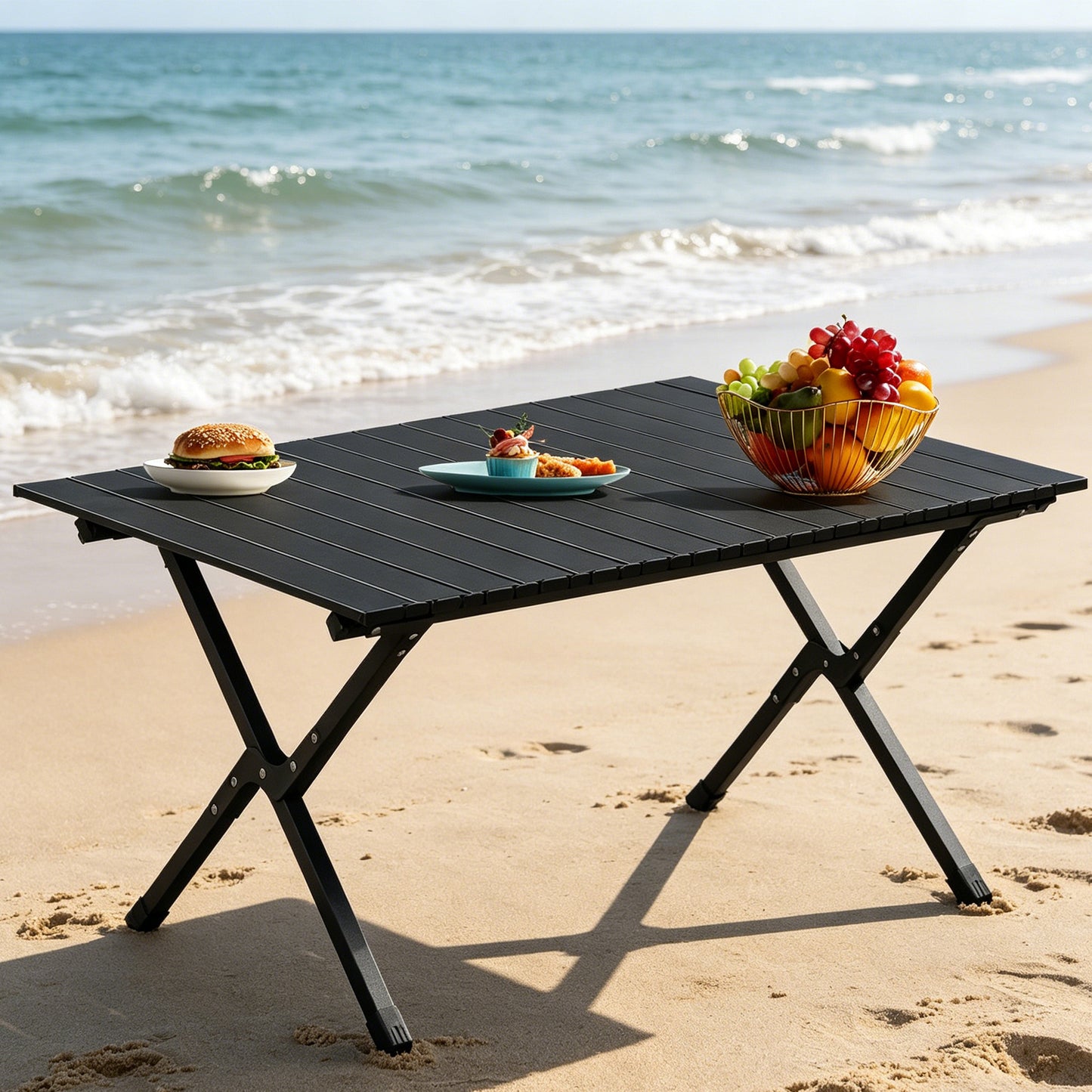 Portable Folding Camping Table 46" – Carbon Steel, 220 lbs Capacity, Roll-Up Design | Black