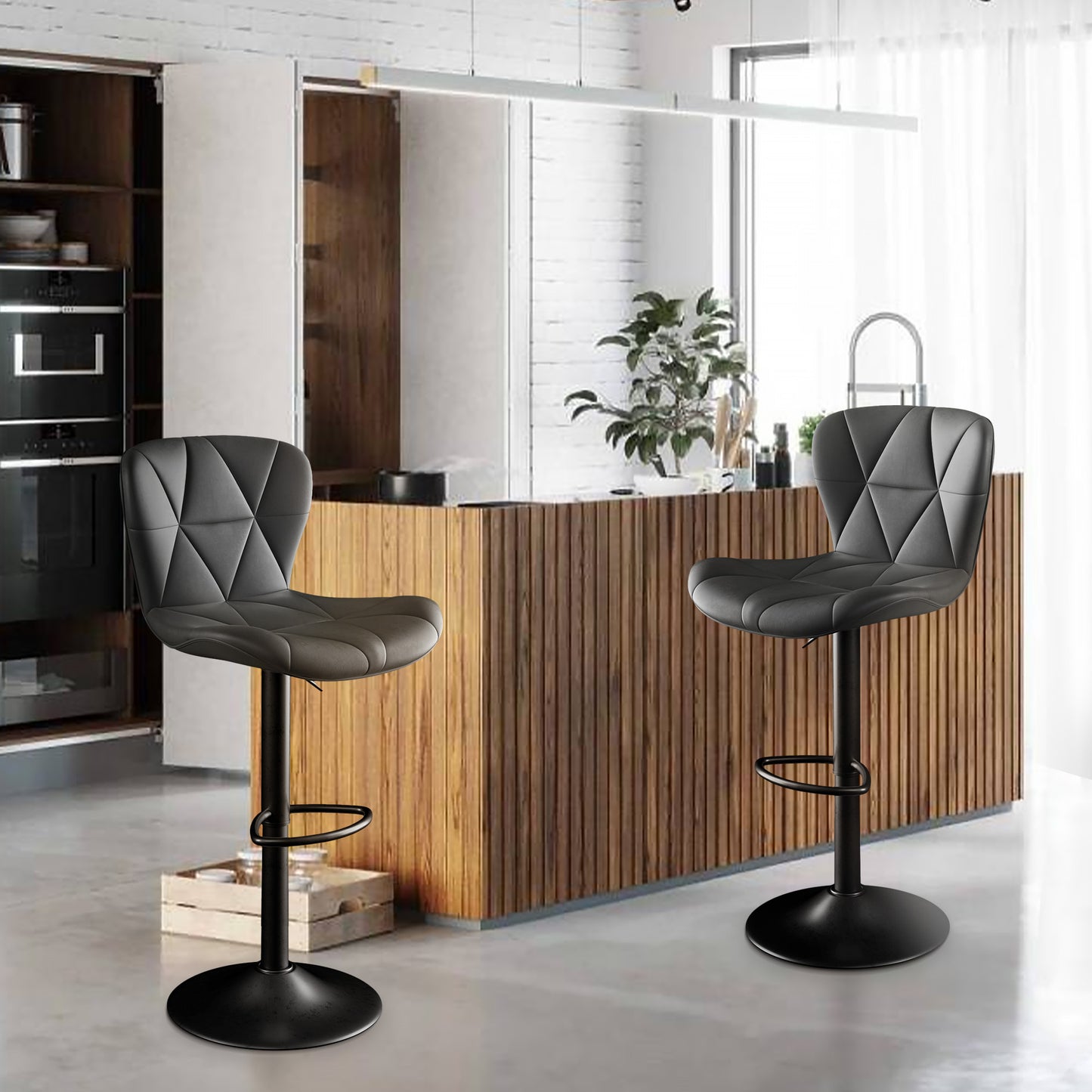 Modern Bar Stools Set of 2 – Adjustable Swivel Faux Leather Counter Height Stools with Back, Black