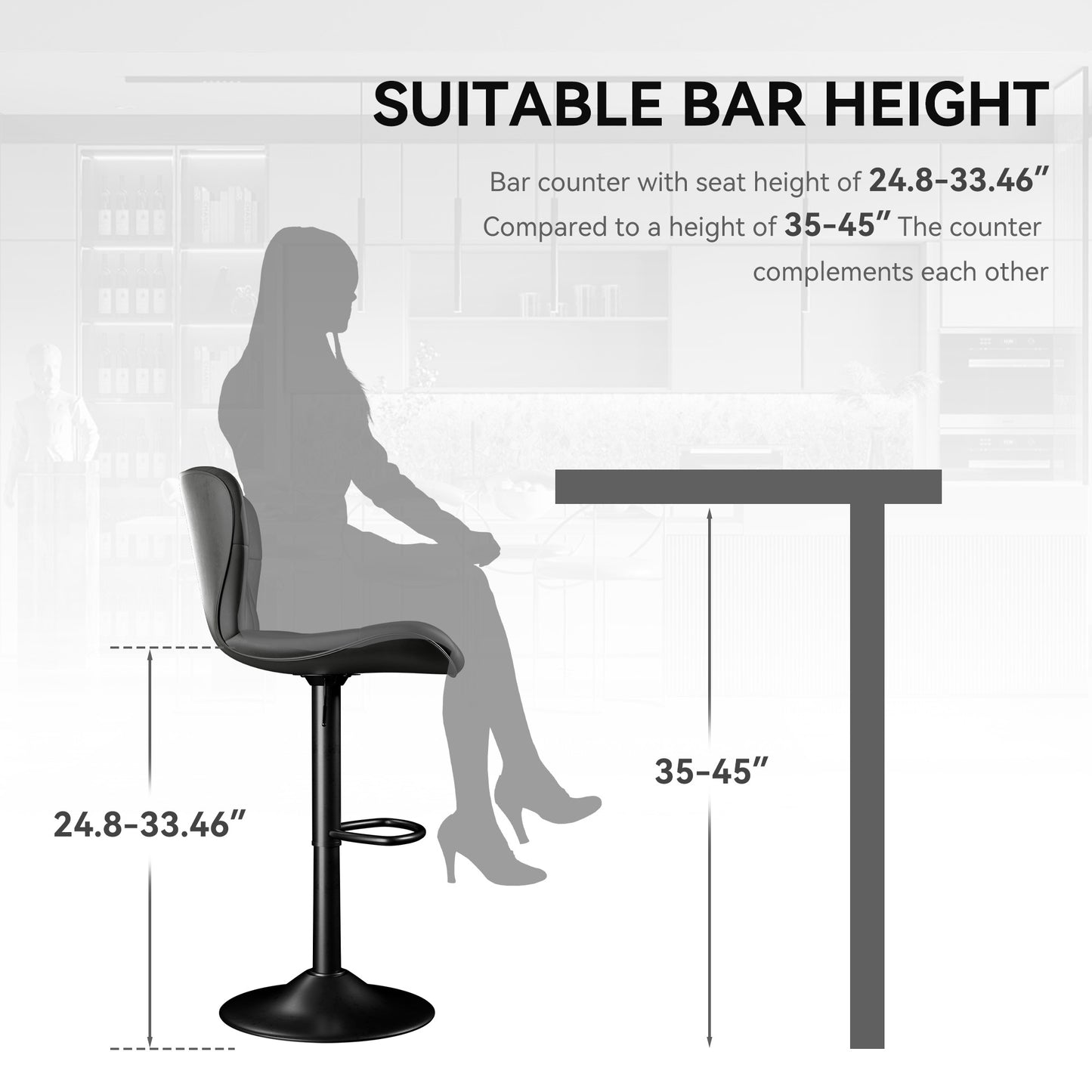 Modern Bar Stools Set of 2 – Adjustable Swivel Faux Leather Counter Height Stools with Back, Black